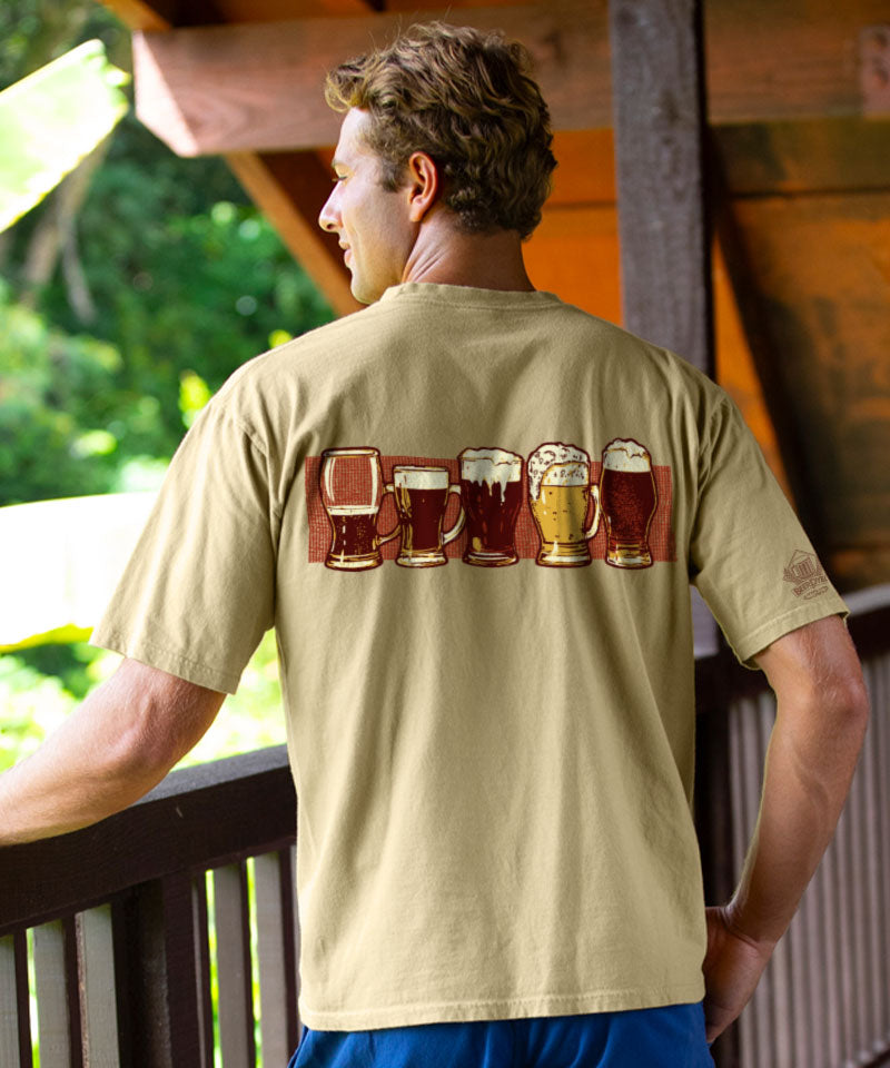 Beige t-shirt with a graphic of five beer mugs on the back against a white background View 3