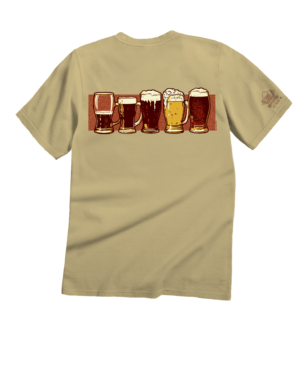 Beige t-shirt with a graphic of five beer mugs on the back against a white background View 4