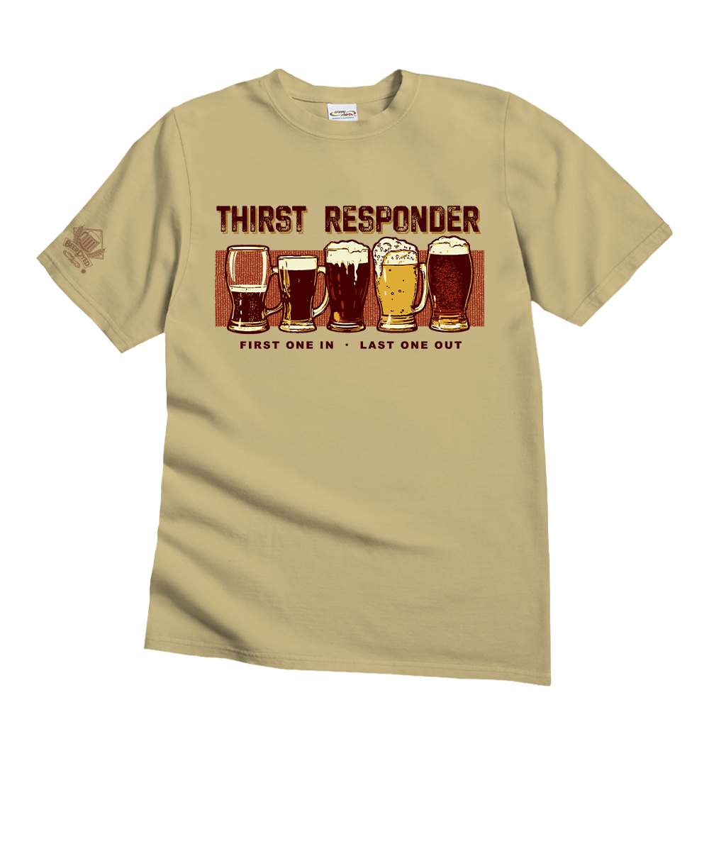 Beige t-shirt with 'Thirst Responder' graphic design featuring beer mugs on a white background View 1