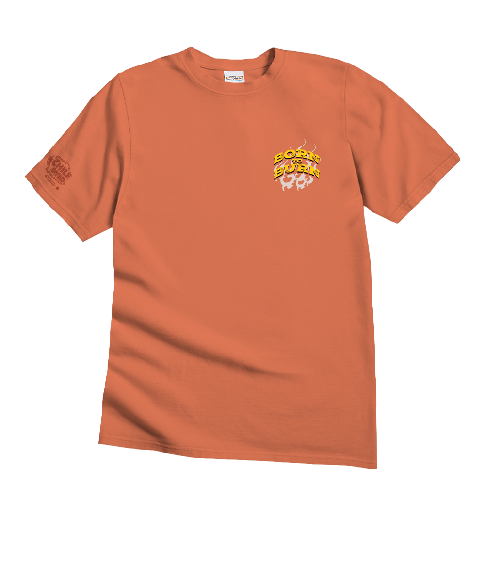 An orange short-sleeve crewneck t-shirt with a small graphic on the left chest featuring the words 'FOOD & DRINK 1973' in yellow and white, with a pink flamingo illustration. A faded graphic is visible on the right sleeve. View 4