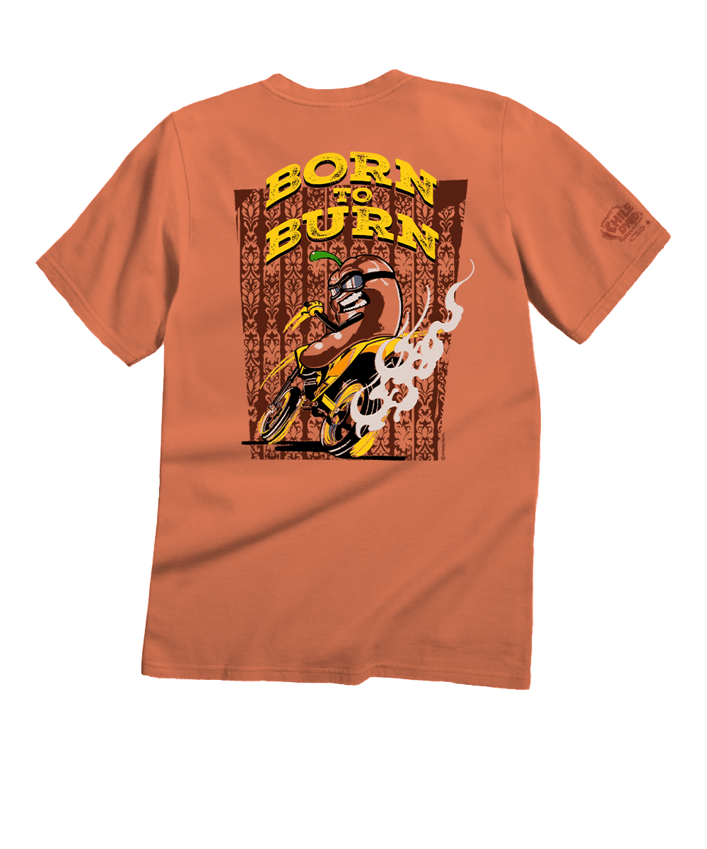 An orange short-sleeve t-shirt shown from the back, featuring a large graphic print with the text 'BORN TO BURN' in yellow over a brown wood-textured background and a cartoon motorcycle rider. View 1