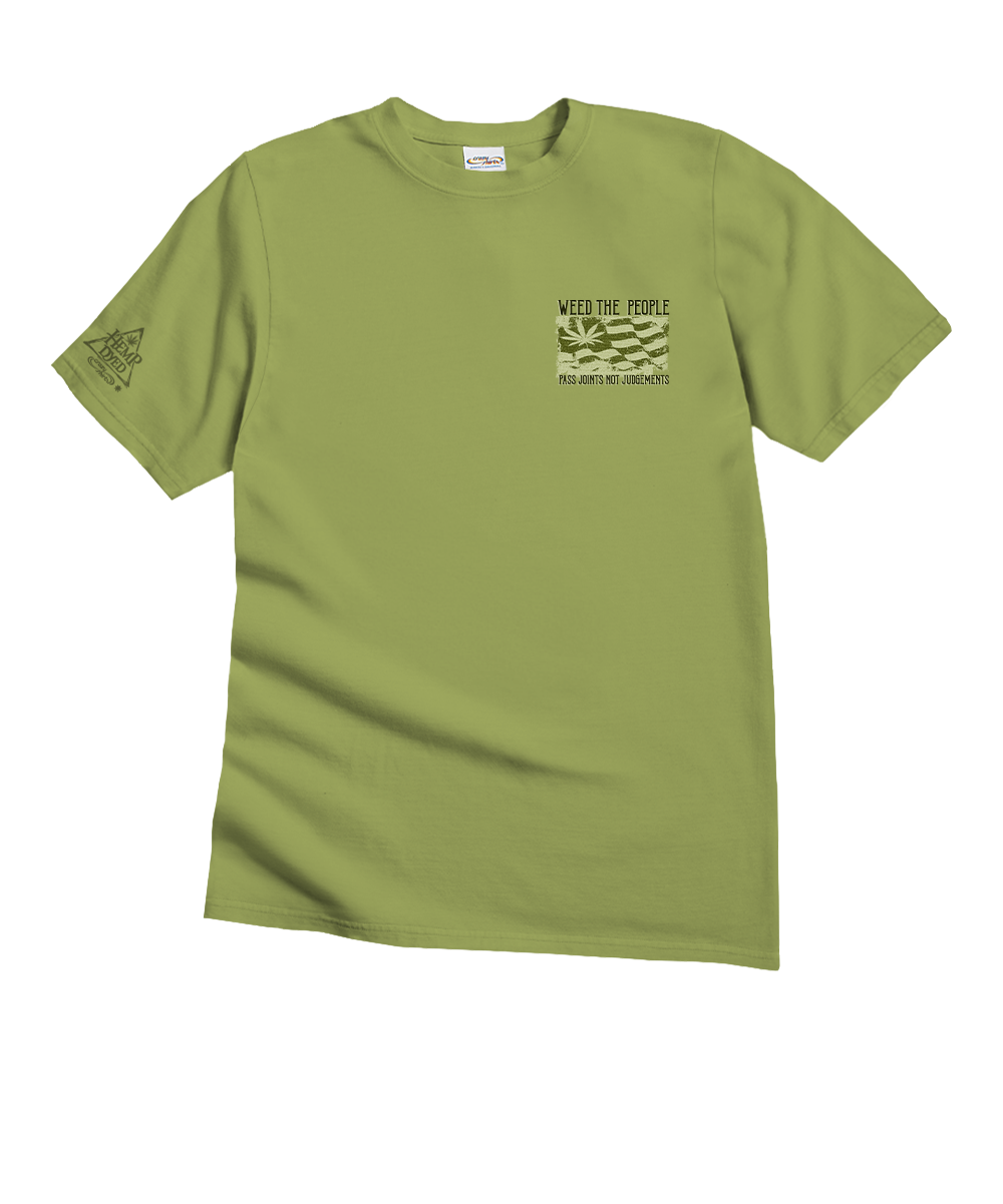 An olive green short-sleeve crewneck t-shirt with a small camouflage graphic and text on the left chest reading 'WEAR THE RIFE ALL AMERICA'S CRAFT'. View 4