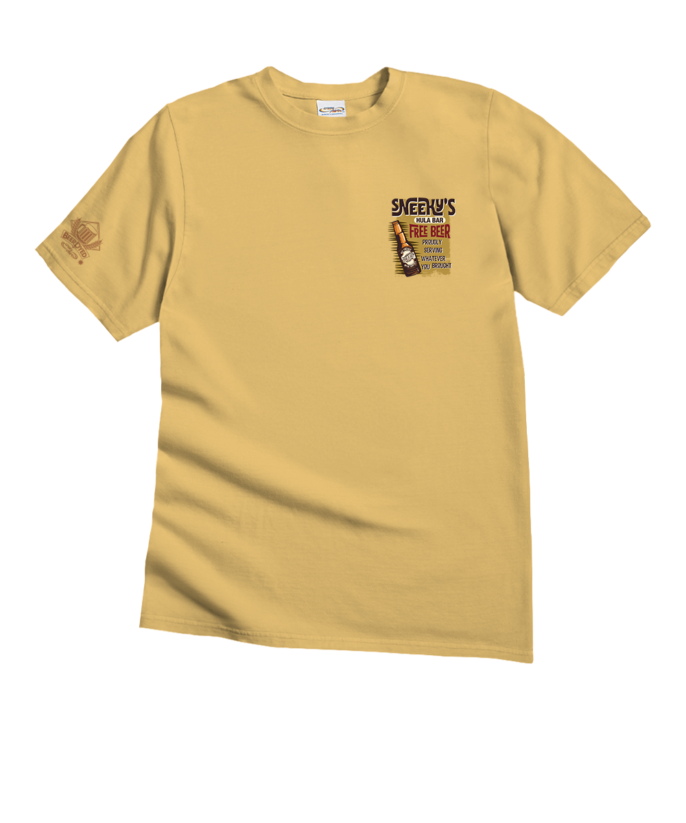A yellow short-sleeve crewneck t-shirt with a vintage-style beer advertisement graphic on the left chest. The shirt is displayed flat against a solid white background. View 4
