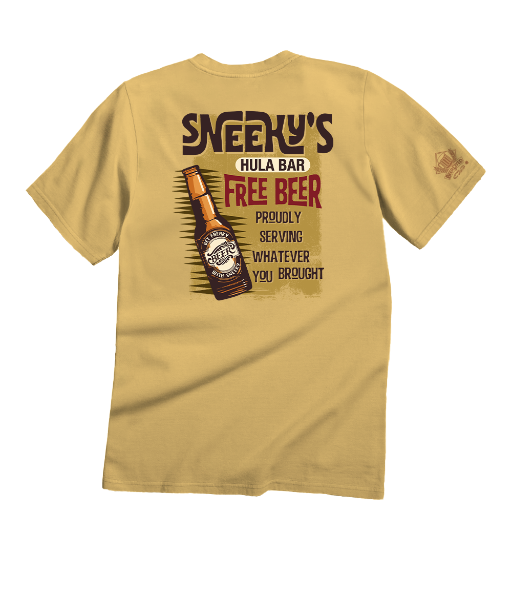 A tan crewneck t-shirt shown from the back, featuring a large graphic print with the text 'SNEEKY'S HULA BAR FREE BEER PROUDLY SERVING WHATEVER YOU BROUGHT' and an illustration of a beer bottle. View 1