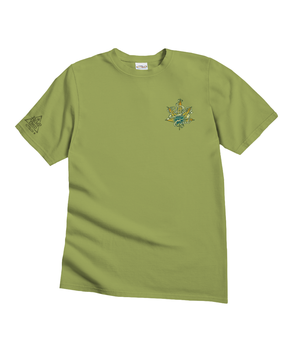 An olive green short-sleeve t-shirt with a small multicolor graphic on the left chest and a graphic on the right sleeve, displayed flat against a white background. View 4
