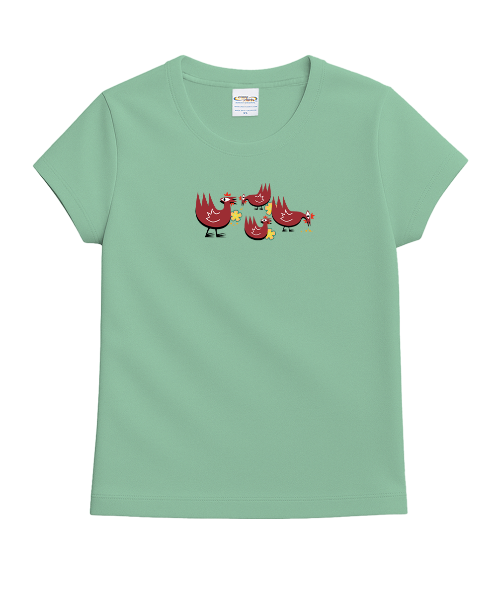 Light green t-shirt with a graphic design of three red birds on a white background View 4