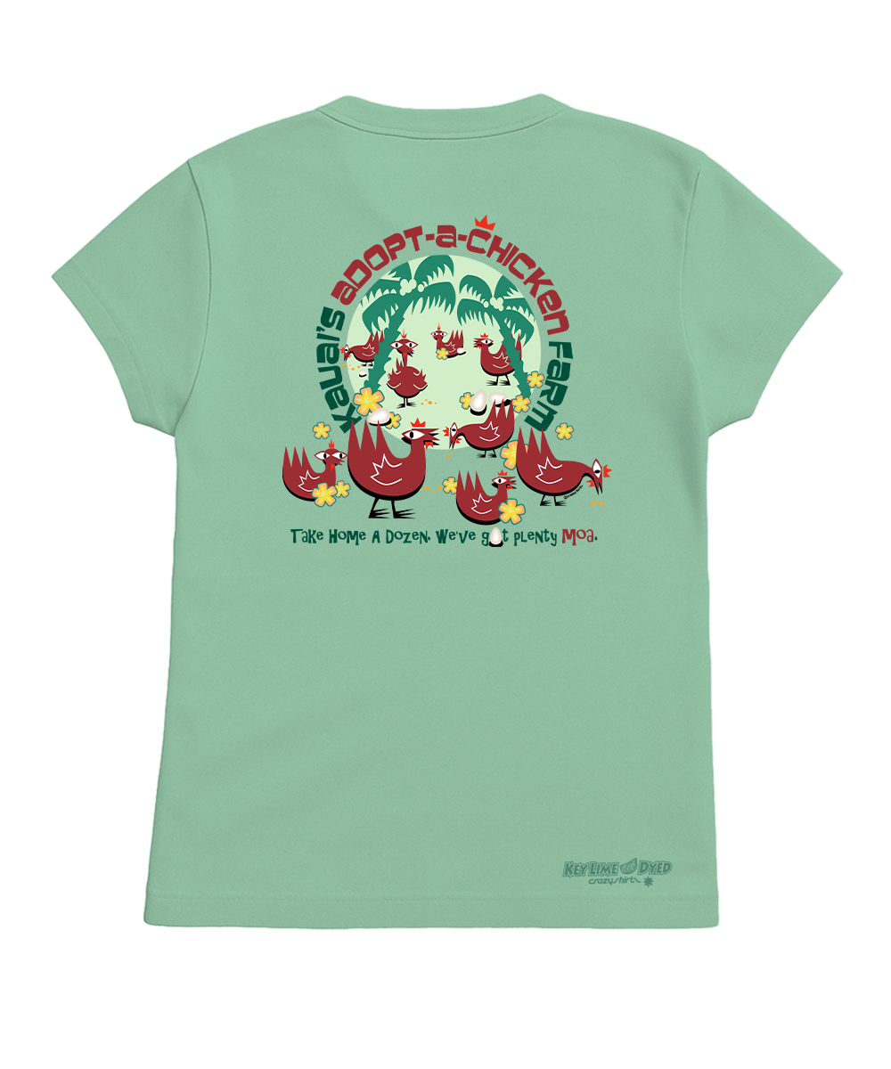 Light green t-shirt with cartoon chicken design on a white background View 1