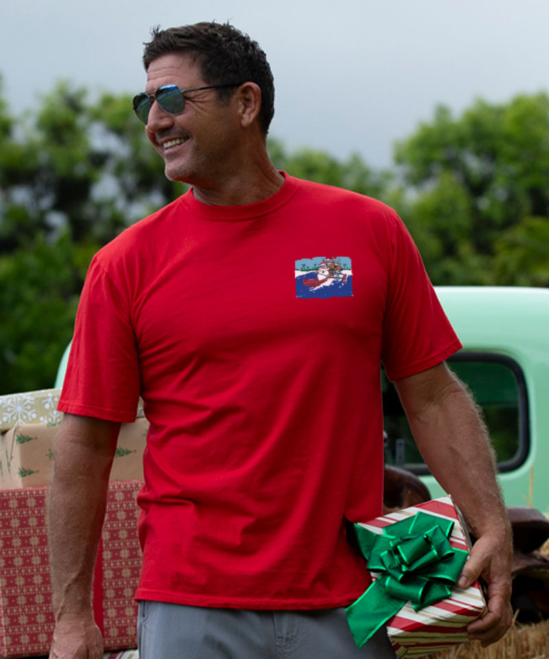 Canoe Surfing Santa - Red Short Sleeve Crewneck T-Shirt - View 3