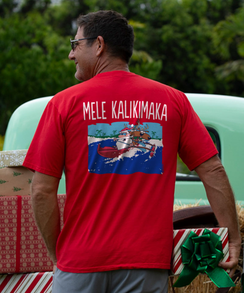 Canoe Surfing Santa - Red Short Sleeve Crewneck T-Shirt - View 2