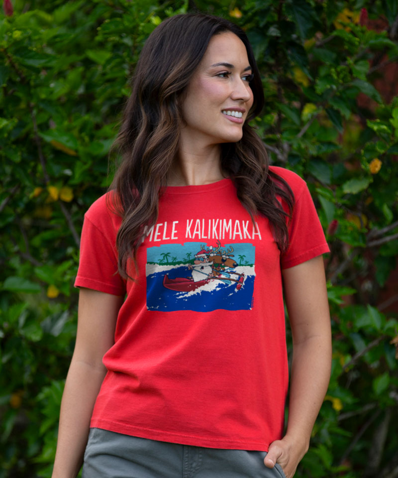 Canoe Surfing Santa - Red Short Sleeve Crewneck T-Shirt - View 2