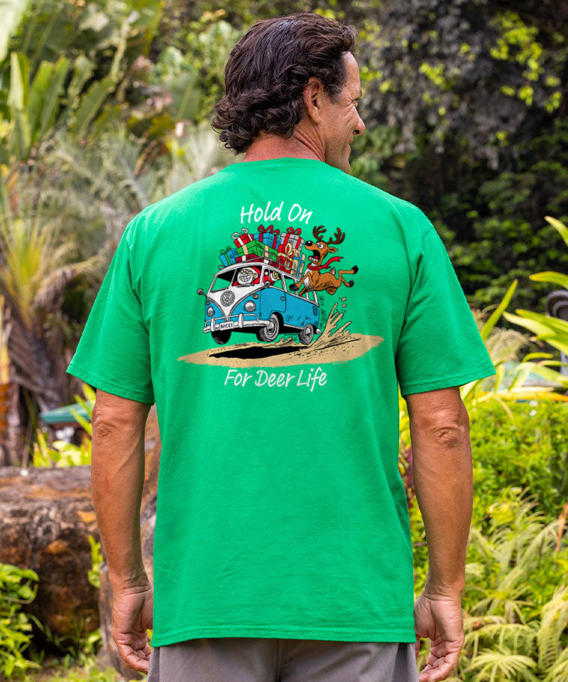Volkswagen Hold On For Deer Life - Christmas Green Short Sleeve Crewneck T-Shirt - View 2