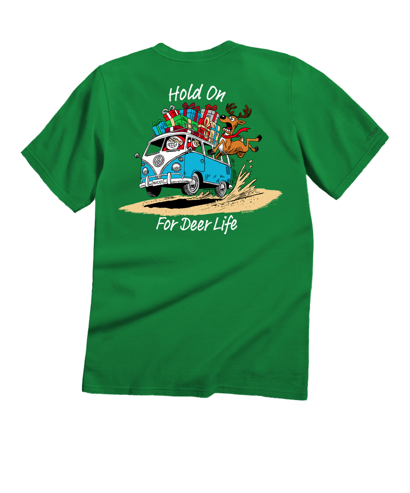 Volkswagen Hold On For Deer Life - Christmas Green Short Sleeve Crewneck T-Shirt - View 1