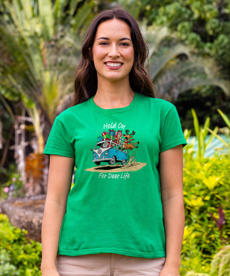 Volkswagen Hold On For Deer Life - Christmas Green Short Sleeve Crewneck T-Shirt - View 2