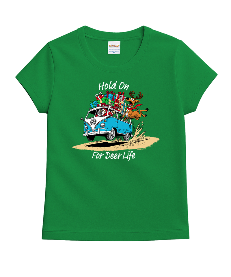 Volkswagen Hold On For Deer Life - Christmas Green Short Sleeve Crewneck T-Shirt - View 1