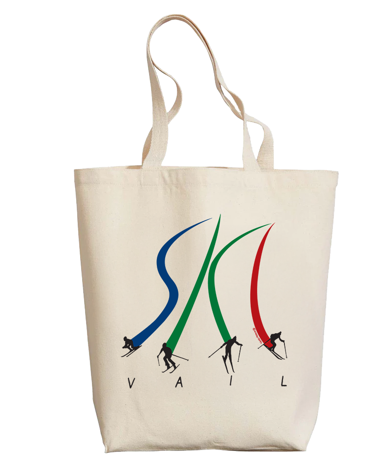 Beige tote bag with skier design and 'Vail' text on a white background View 1