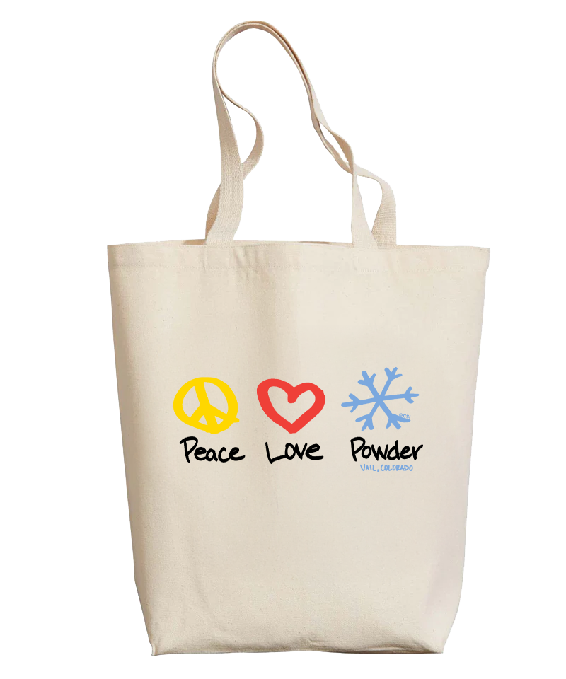 Beige tote bag with 'Peace Love Powder' text and symbols on a white background View 1