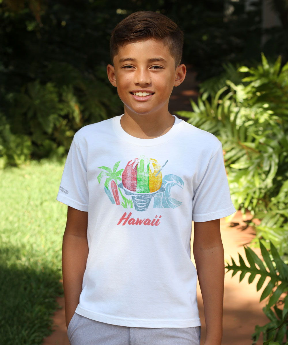 Child wearing a white t-shirt with a colorful graphic and 'Hawaii' text, standing outdoors. View 2
