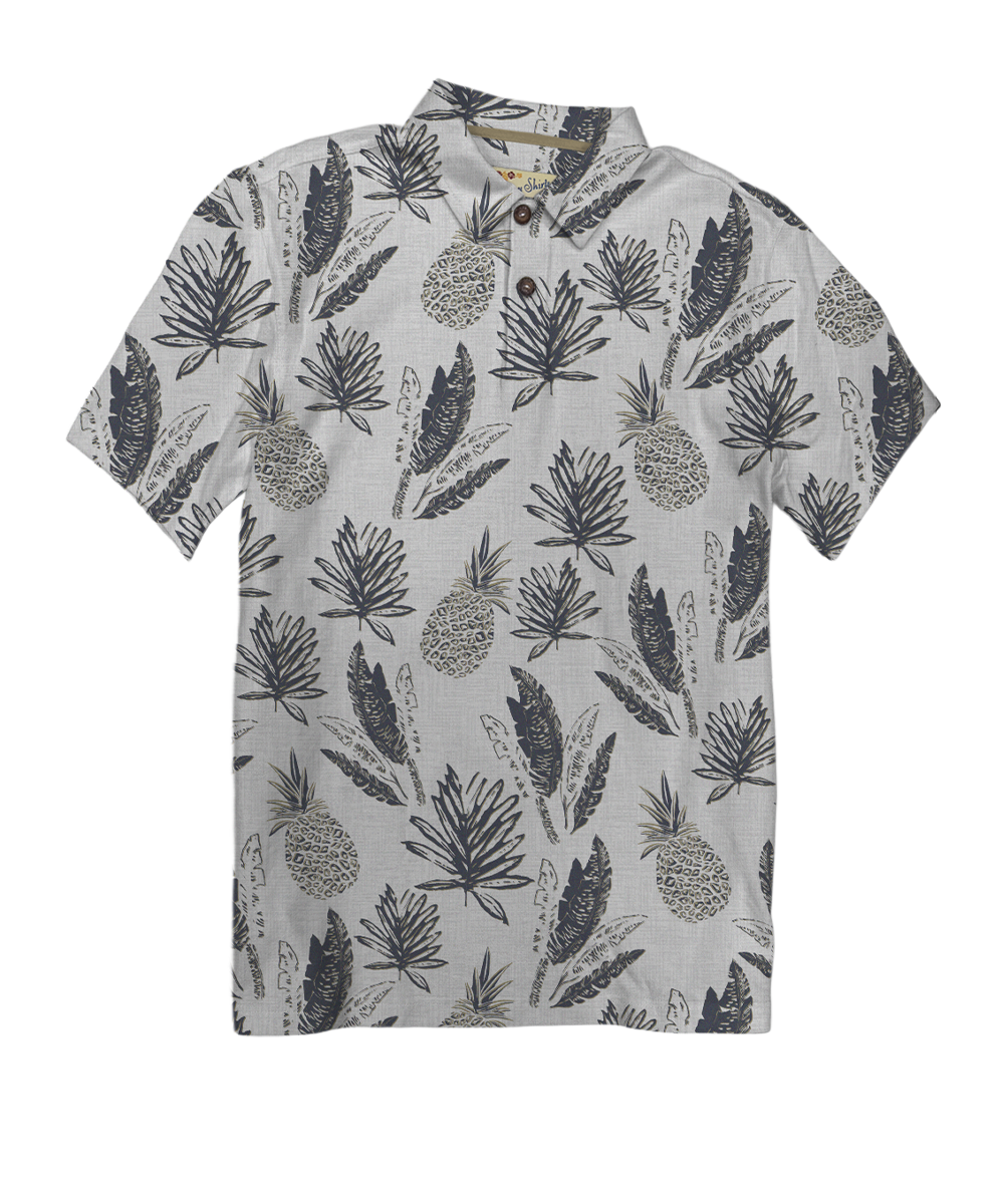 White polo shirt with a gray tropical print on a white background View 1