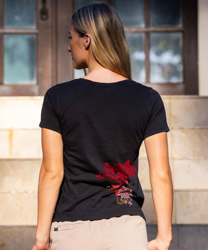 Poinsettia Wrap - Jet Black Short Sleeve Pima V-Neck T-Shirt