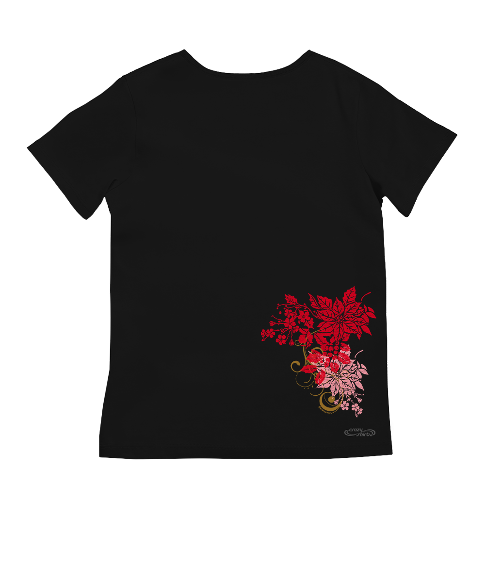 Poinsettia Wrap - Jet Black Short Sleeve Pima V-Neck T-Shirt