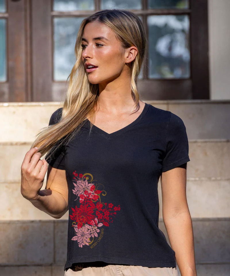 Poinsettia Wrap - Jet Black Short Sleeve Pima V-Neck T-Shirt