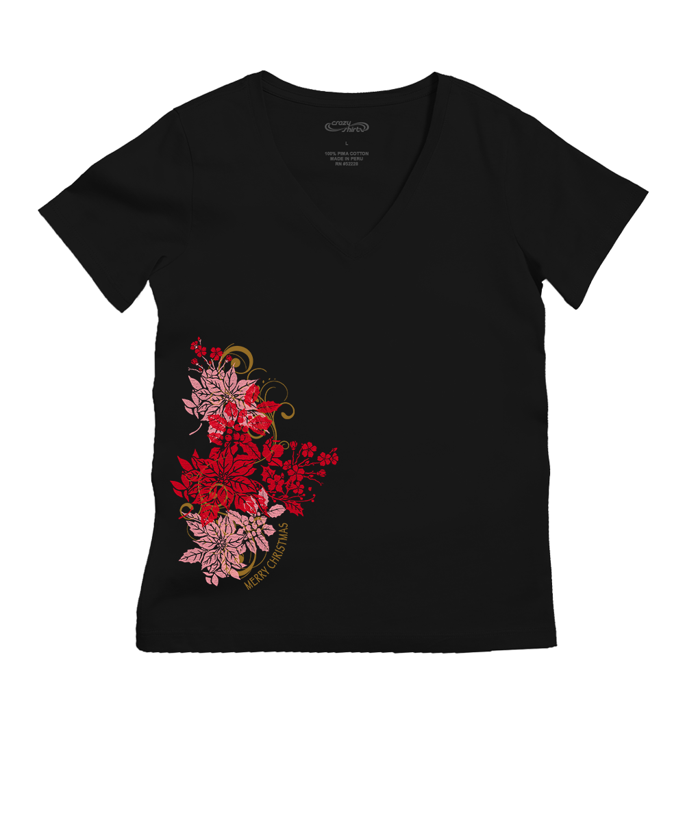 Poinsettia Wrap - Jet Black Short Sleeve Pima V-Neck T-Shirt