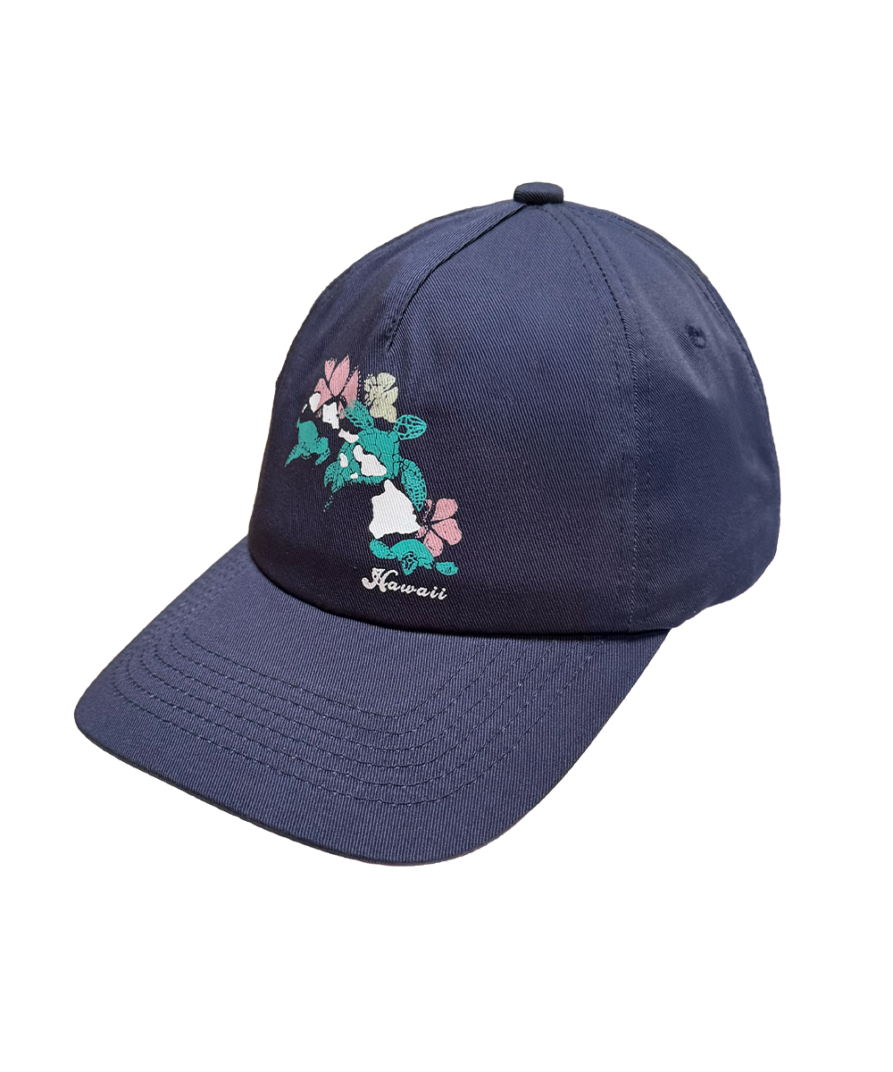 Navy blue cap with floral embroidery and 'Hawaii' text on a white background View 1