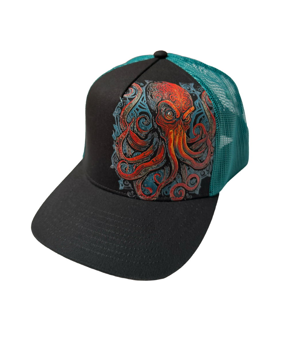 Black and teal cap with a red octopus design on a white background View 1