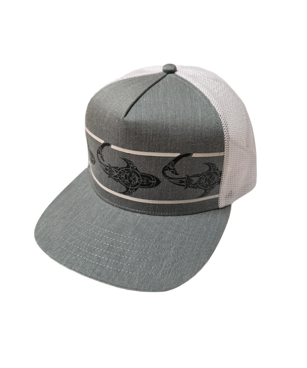 Gray and white cap with turtle design on a white background View 1
