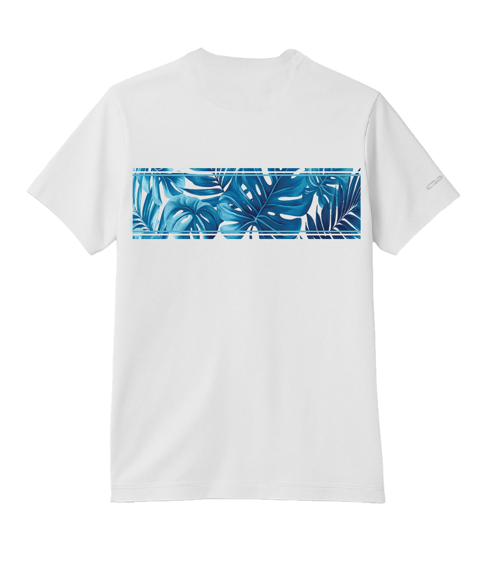 White t-shirt with blue leaf pattern on a white background View 4