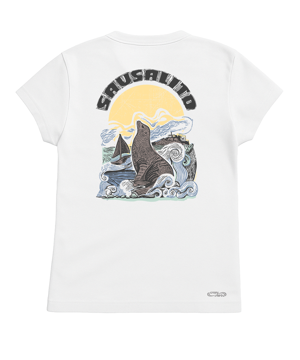 White t-shirt with a shark graphic and 'Shushu Tong' branding on a white background View 1