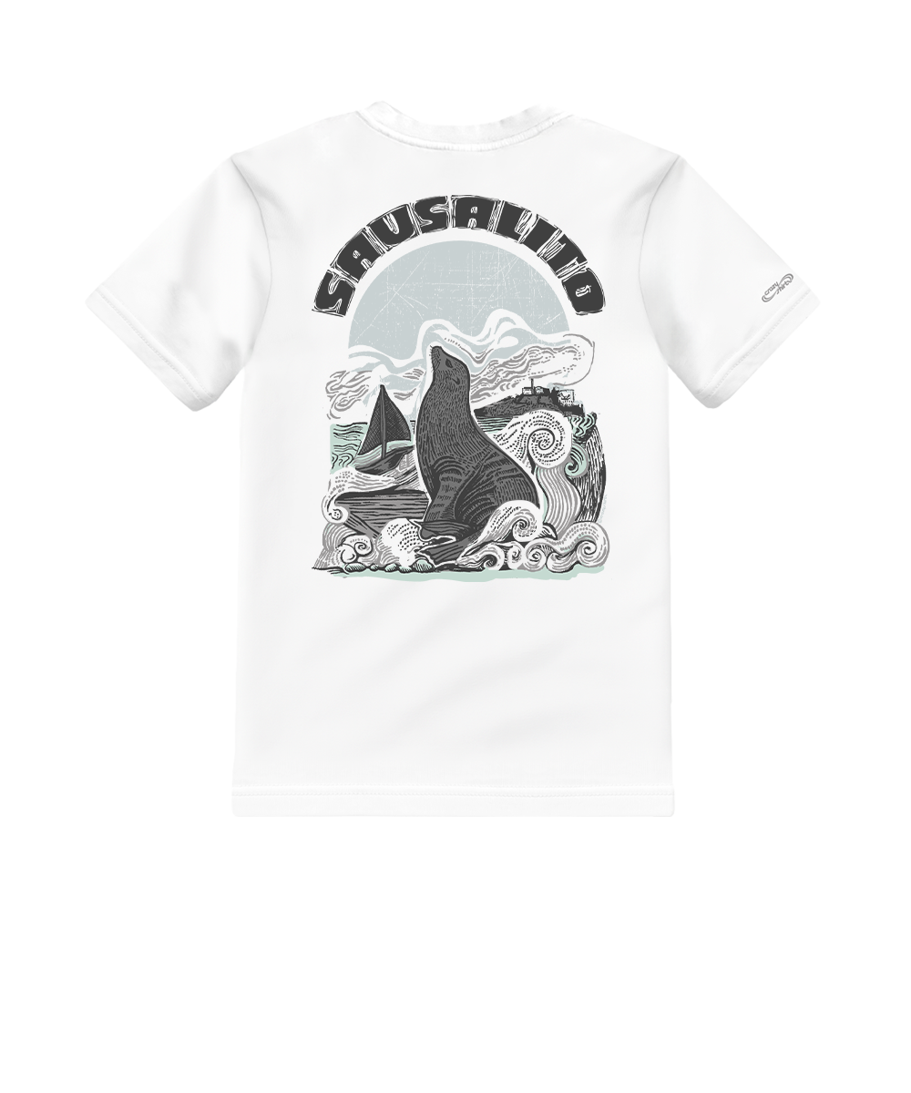 White t-shirt with graphic design and text on a white background View 1
