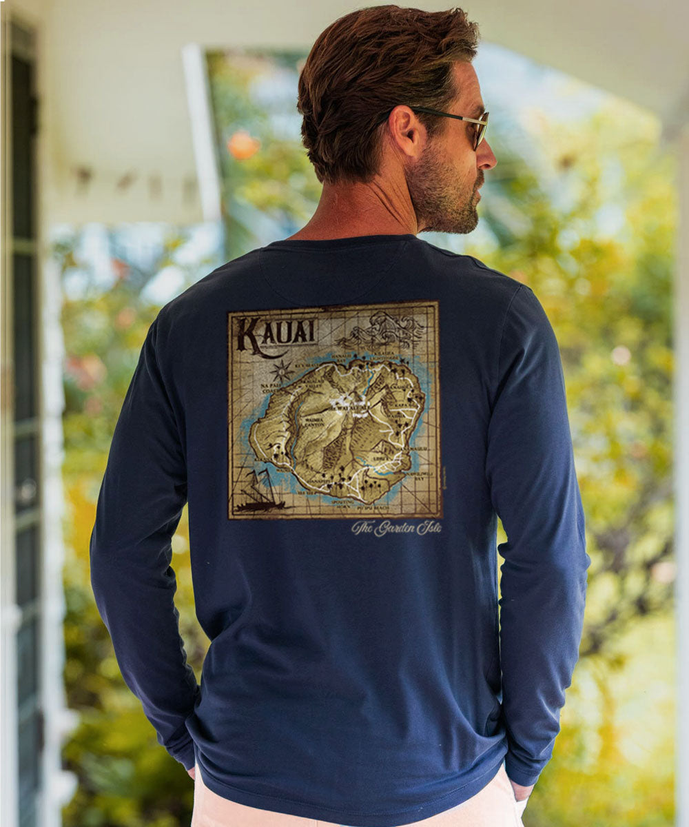 Old Kauai Map - Indigo Long Sleeve Pima T-Shirt