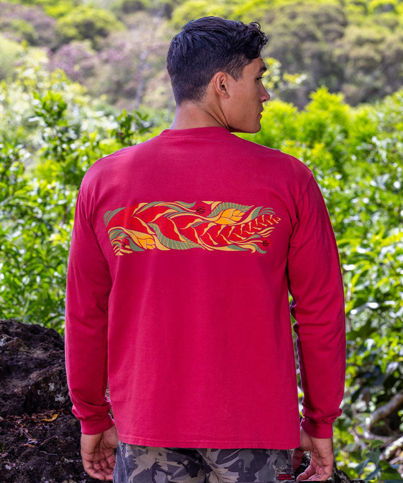 Tropical Florals Band - Paradise Red Dyed Long Sleeve Crewneck T-Shirt