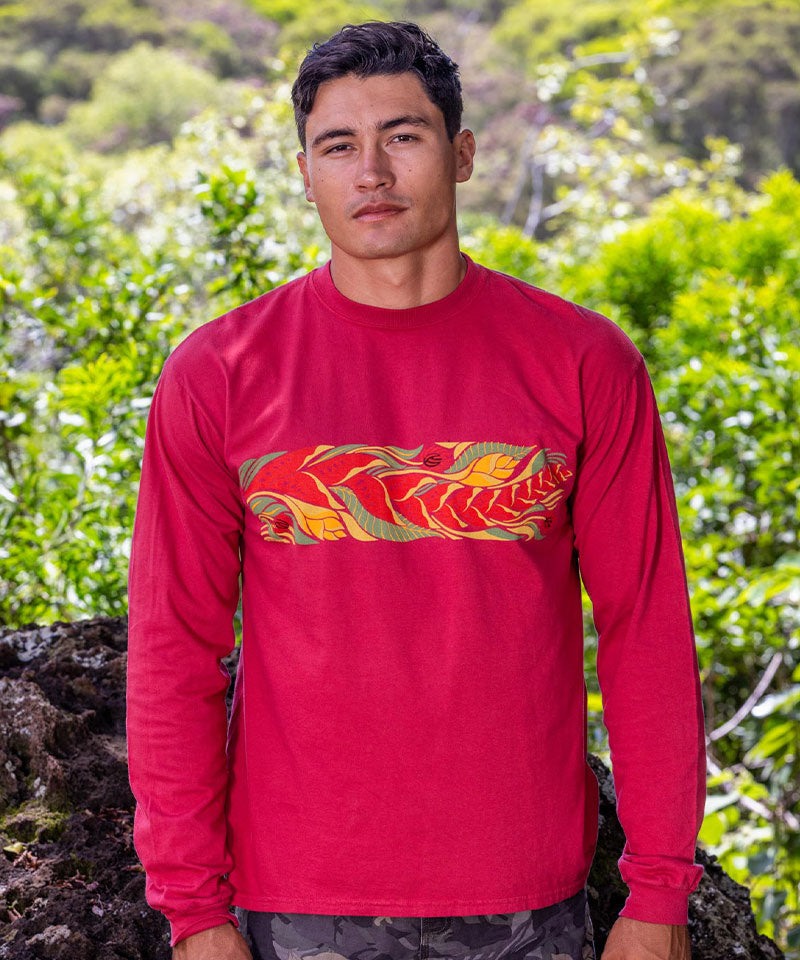 Tropical Florals Band - Paradise Red Dyed Long Sleeve Crewneck T-Shirt