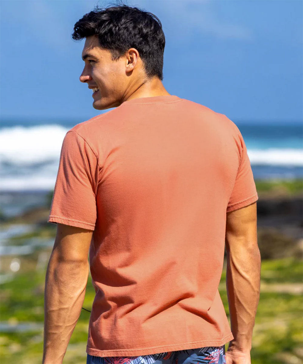Man wearing a reddish-brown t-shirt standing on a beach with ocean waves in the background View 3