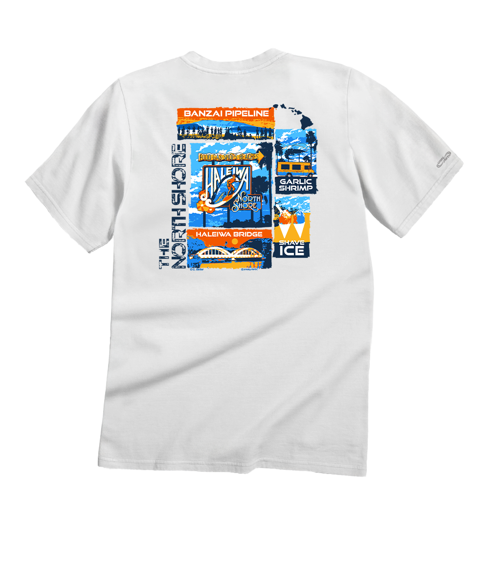 Haleiwa North Shore Collage - White Short Sleeve Crewneck T-Shirt