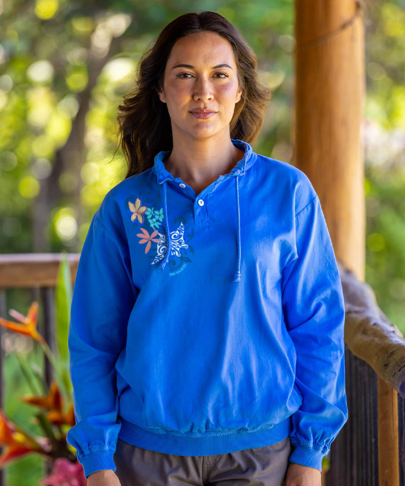 Tribal Manta Pua Swirls - Blue Hawaii Dyed Long Sleeve Lightweight Pullover