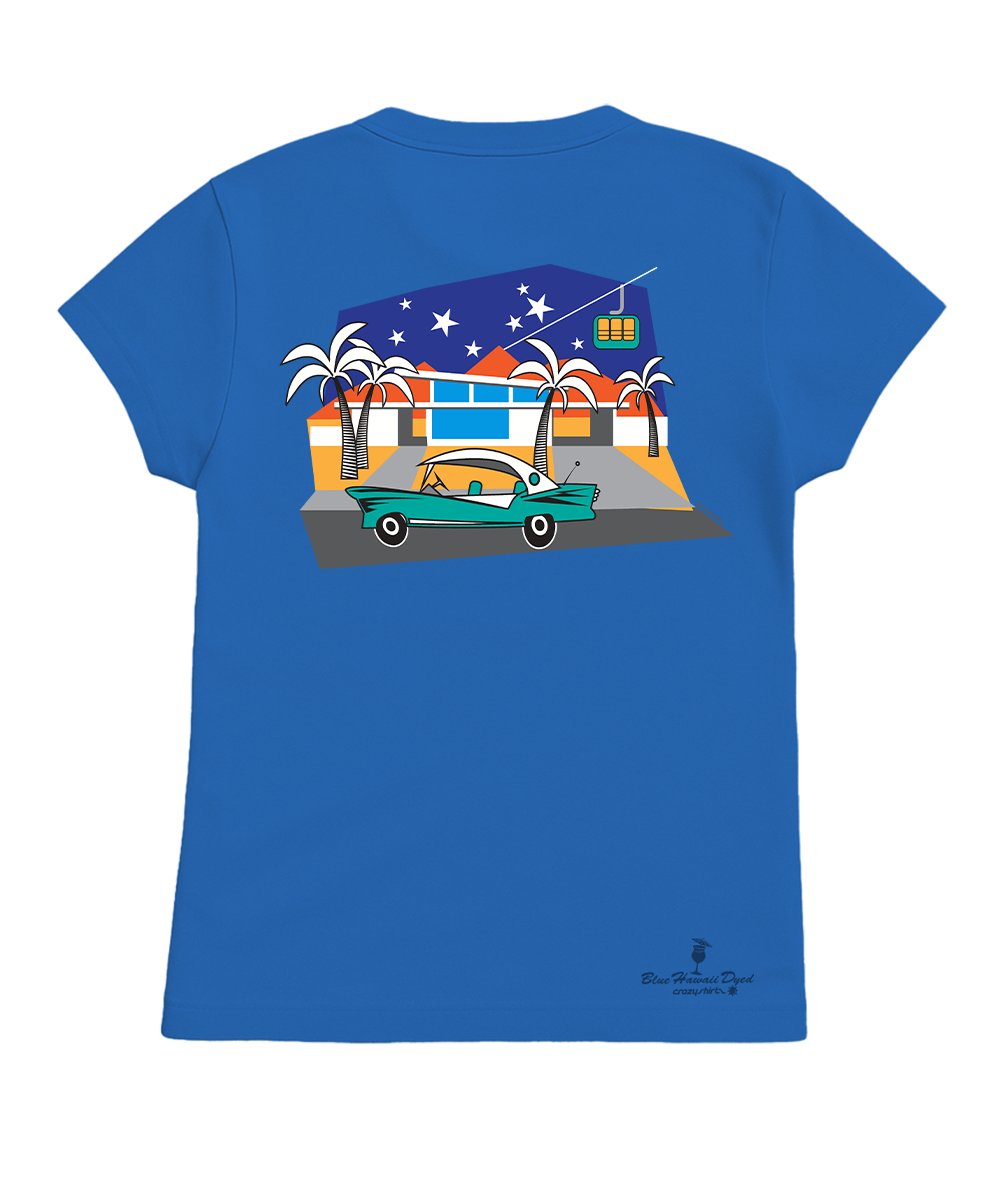 Blue t-shirt with a graphic of a retro car and building on a white background View 1