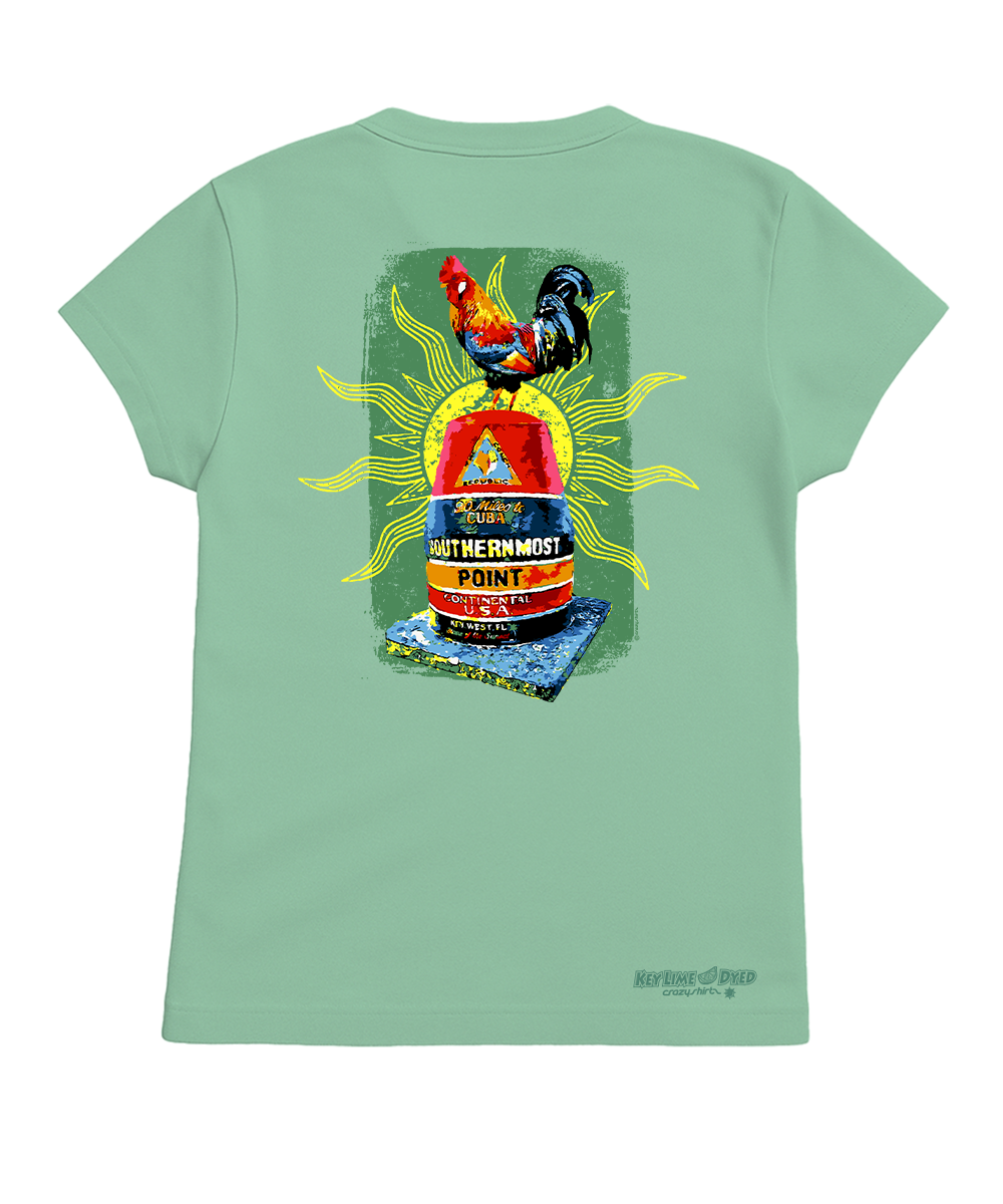 Light green t-shirt with a colorful graphic design on the back, featuring a rooster and text. View 4