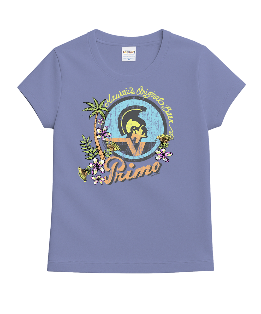 Purple t-shirt with a graphic design featuring palm trees and flowers on a white background