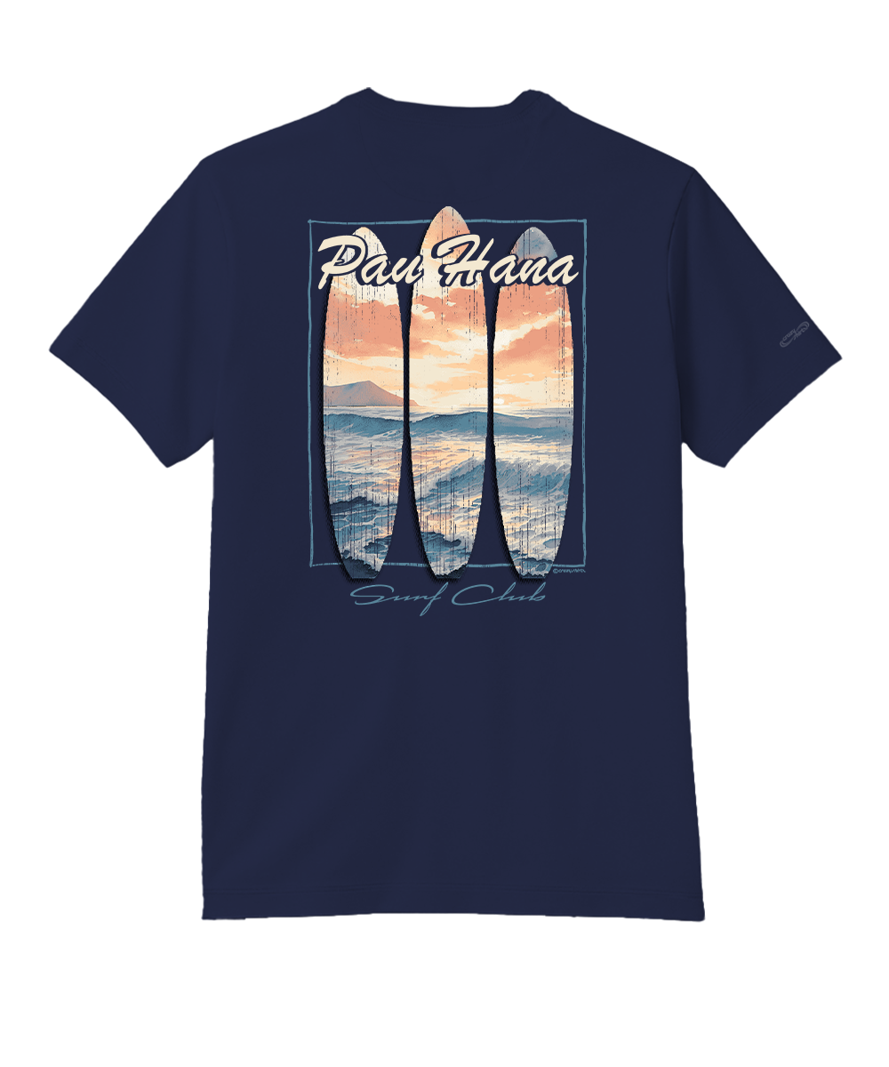 Indigo t-shirt with a graphic of surfboards and a sunset over water, set on a white background View 1