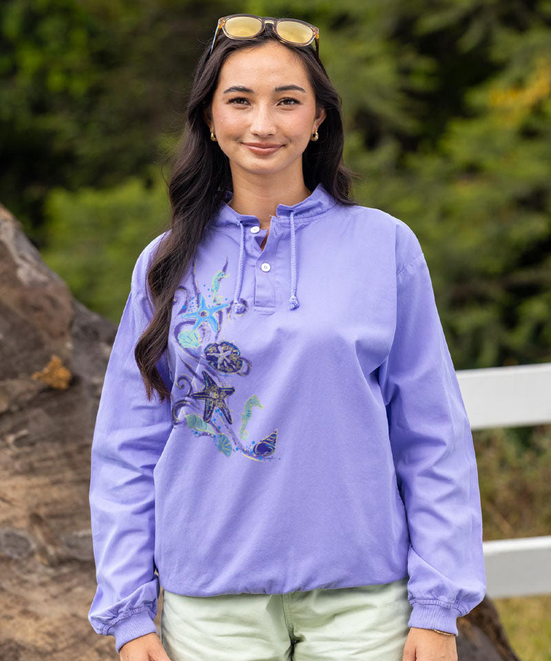 Sea Life Shells - Lavender Dyed Long Sleeve Lightweight Pullover