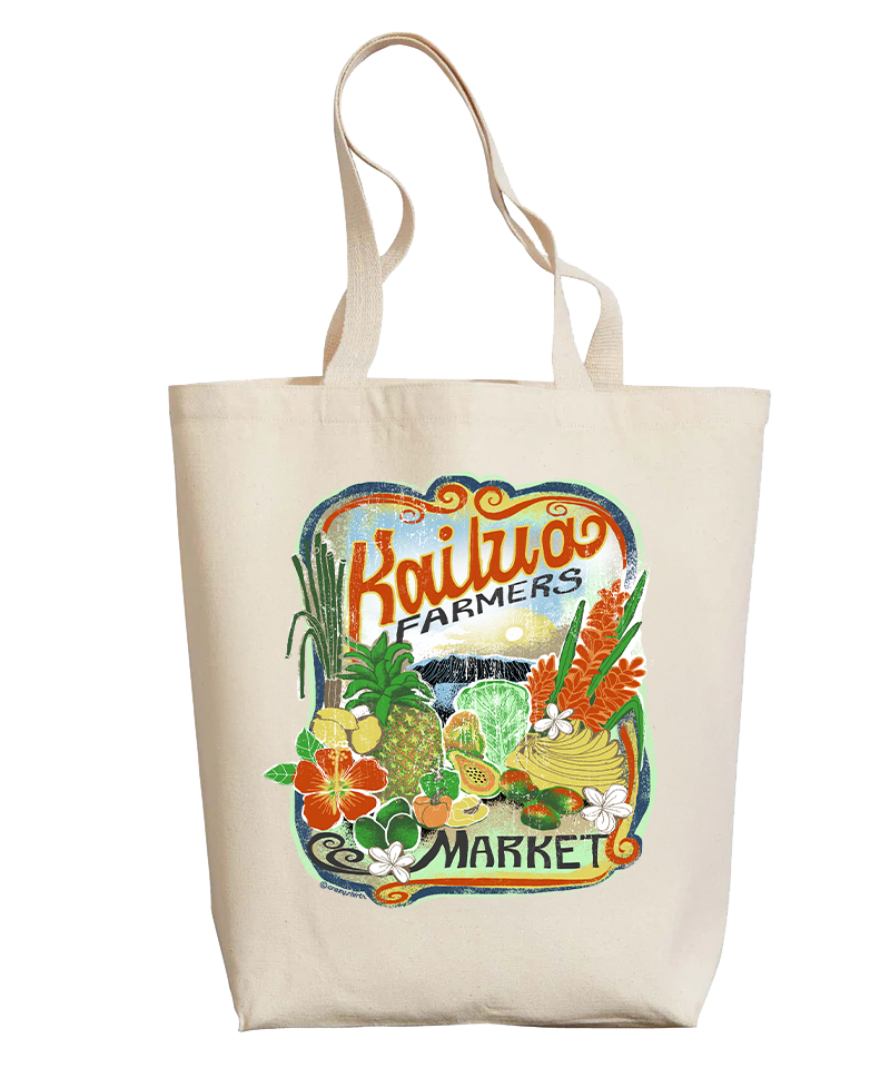 Tote bag with 'Kailua Farmers Market' design featuring fruits and vegetables on a white background View 1