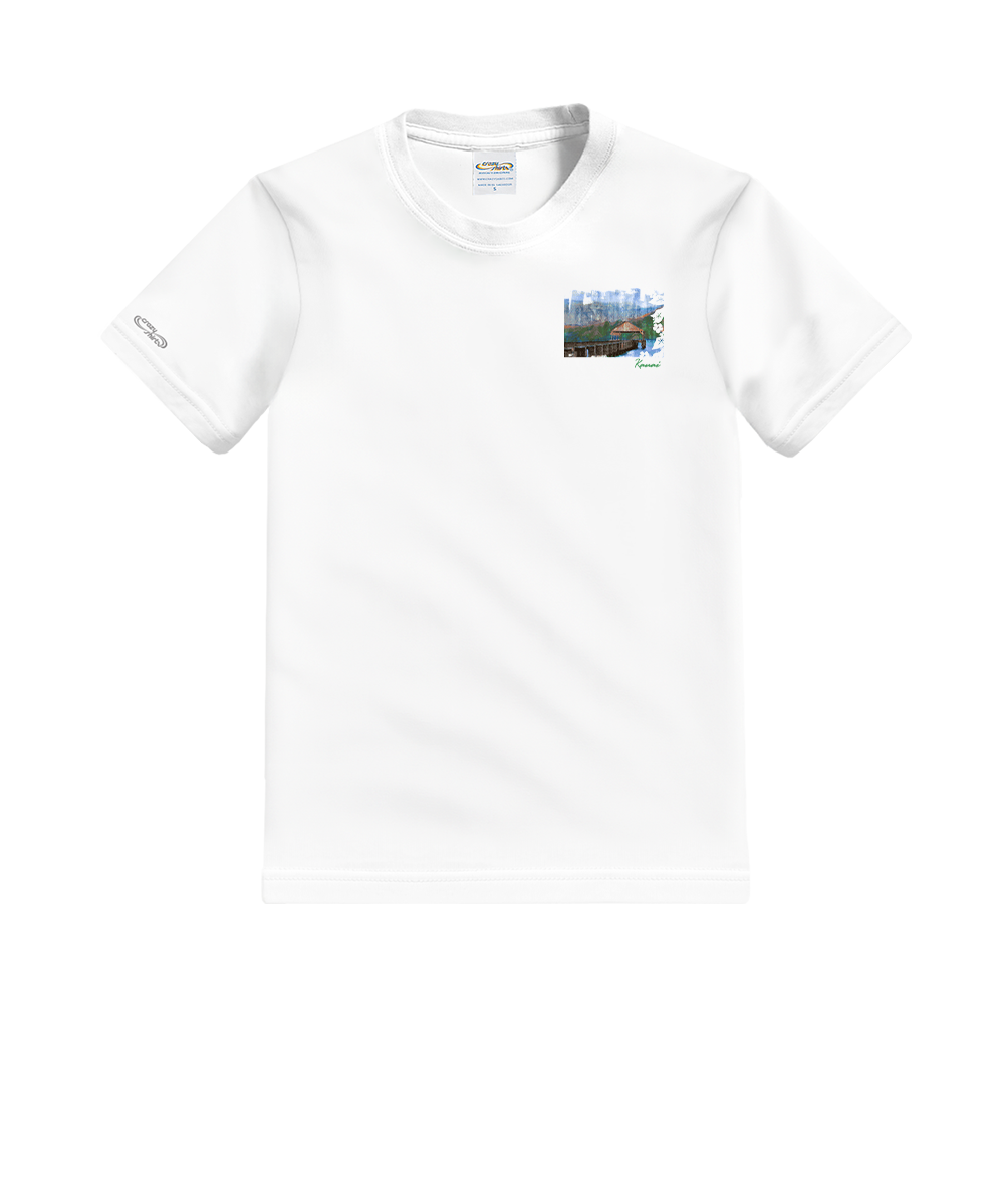 White t-shirt with a small graphic on a white background View 4