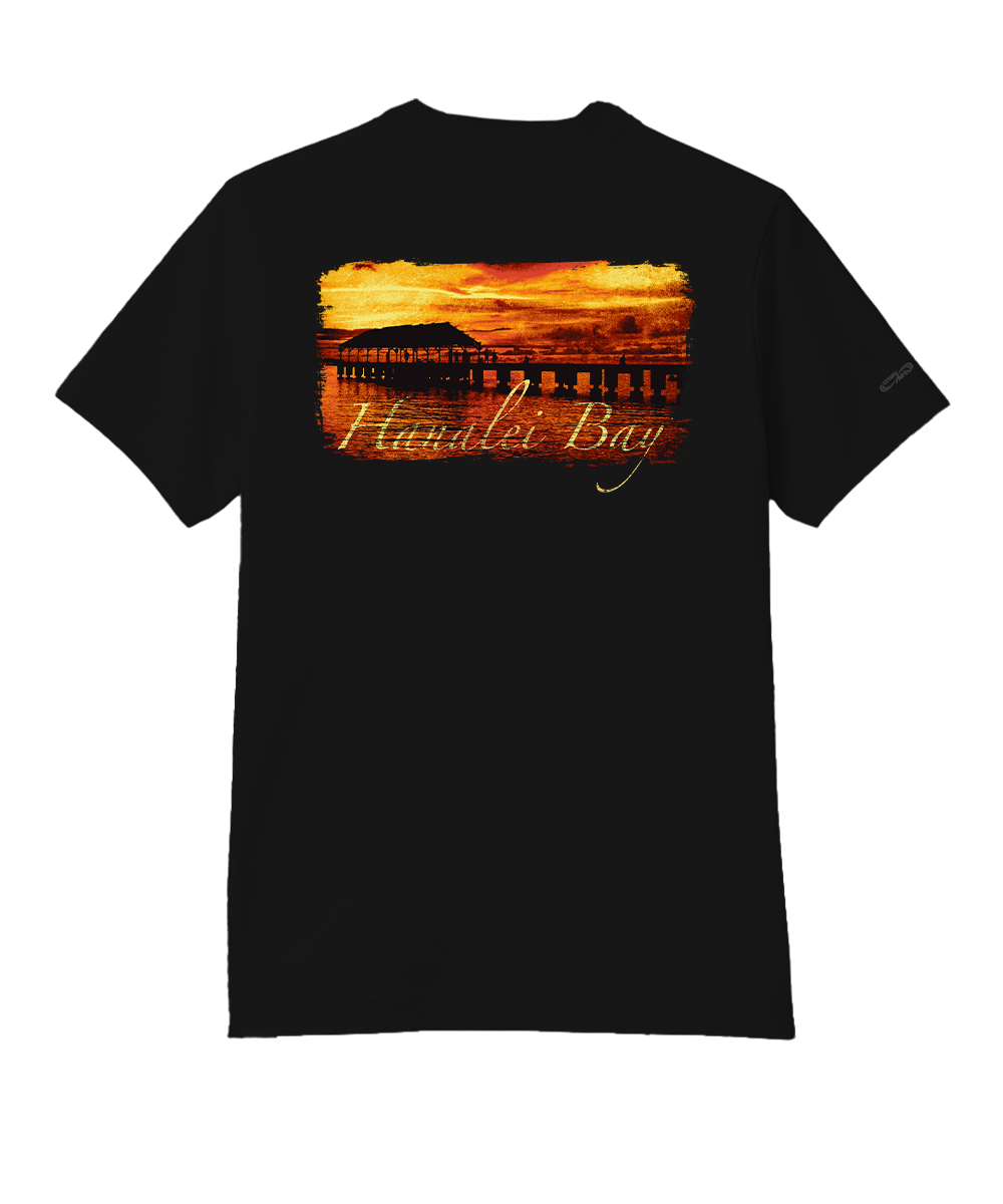 Black t-shirt with a sunset over a pier design on the back, set on a white background  View 1