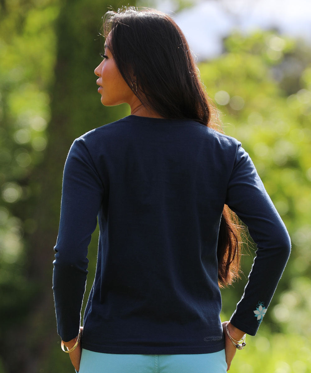 トップス vallad henry neck long sleeve Floral Humpback Stripe - Navy Long Sleeve Crewneck T-Shirt