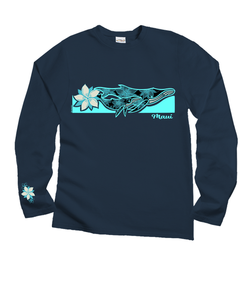 Floral Humpback Stripe - Navy Long Sleeve Crewneck T-Shirt