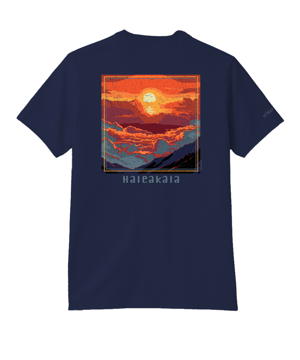 Indigo t-shirt with a graphic of a sunset over mountains, on a white background View 1