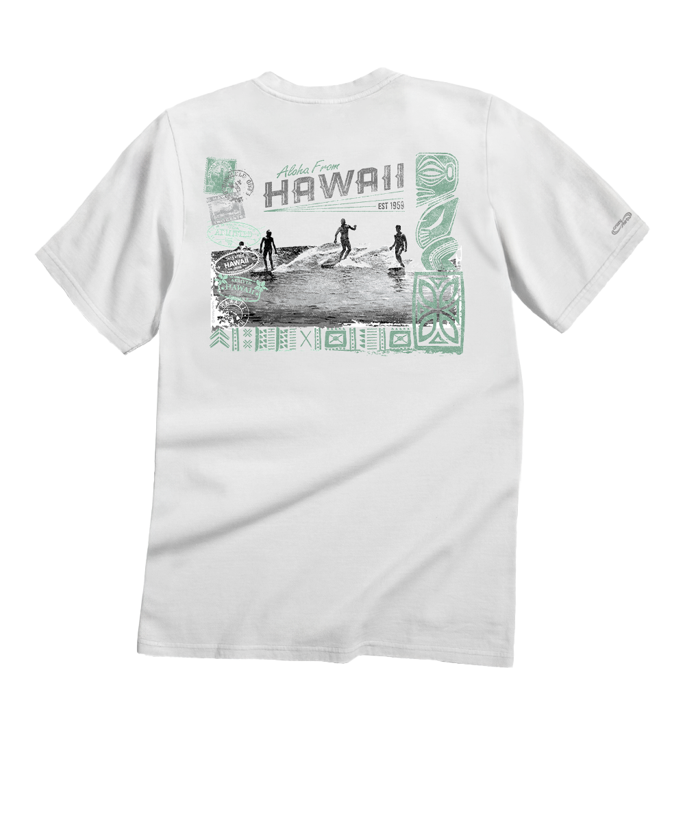 White t-shirt with graphic design on the back featuring people kayaking on a white background View 1